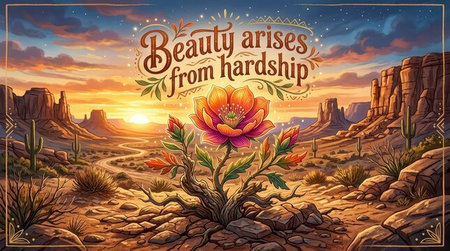 Inspirational desert landscape at sunset with a blooming flower and the quote 'Beauty arises from hardship'