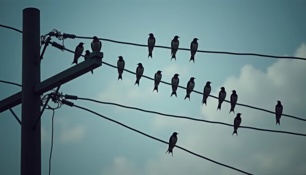 Birds on wire silhouette with flock perched on utility pole and parallel cables, moody cloudy sky background, varied poses and spacing, backlit sunset tones, urban nature study and editorial scene,