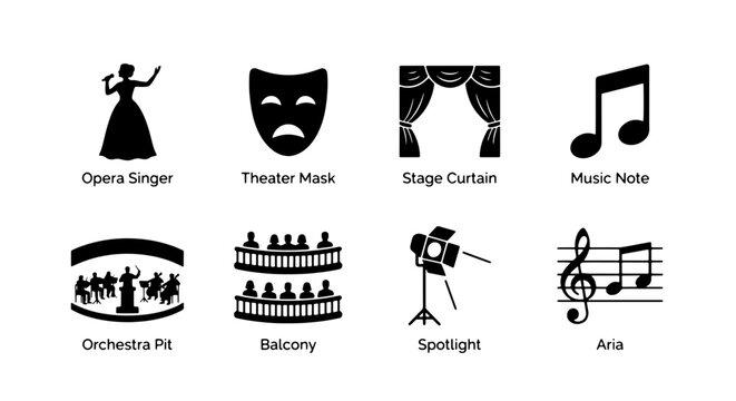 Performance Icons Set: Opera Singer, Theater Mask, Stage Curtain, Music Note, Orchestra Pit, Balcony, Spotlight, Aria Vector Graphics