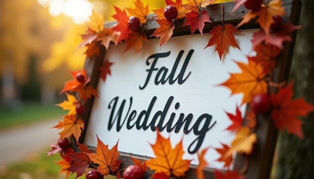 Fall wedding sign on rustic wooden easel with orange maple leaves and blurred park background, fall wedding welcome board framed with autumn foliage and satin ribbon,
