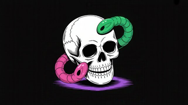 Stylized human skull with colorful worms crawling through eye sockets, isolated on black background.
