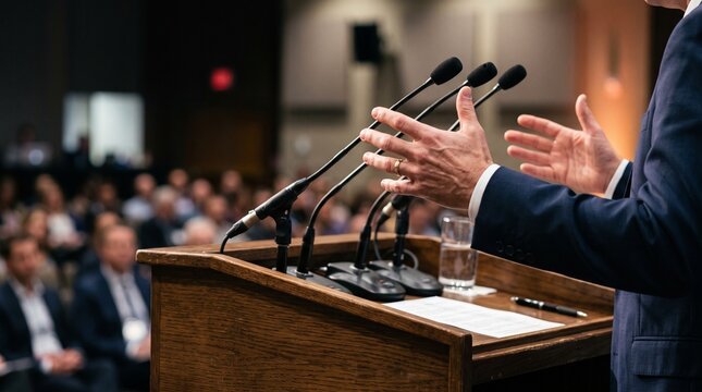A business professional giving a speech at a corporate conference on a wooden podium.