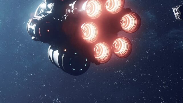 A rocket engine is seen in space with bright lights illuminating the dark background. The scene captures the power and technology used for space travel.