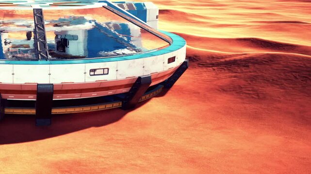 A space station is set on the red terrain of Mars. The structure has a round shape and water on its top. The surrounding land shows sandy dunes under bright sunlight.