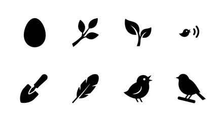 Fototapeta premium Nature Icons Set: Bird, Egg, Plant, Feather, Garden Tool, Spring Growth, Organic Elements, Black Silhouette Vector Graphics for Ecology and Wildlife Themes