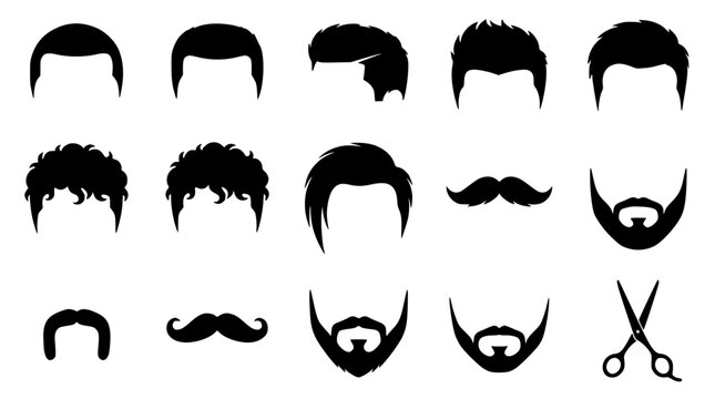 Contemporary Barber Haircuts Mustaches and Facial Hair Silhouette Vector Set
