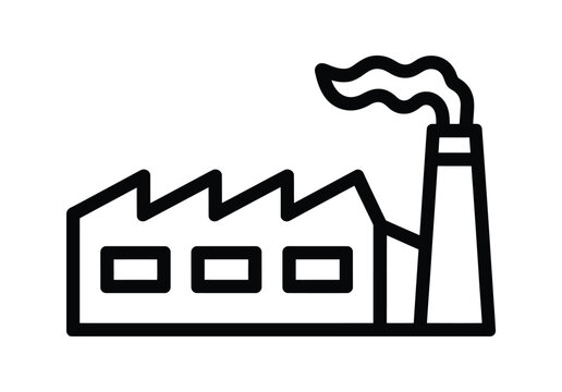 Factory building with smoking chimney black outline icon vector.