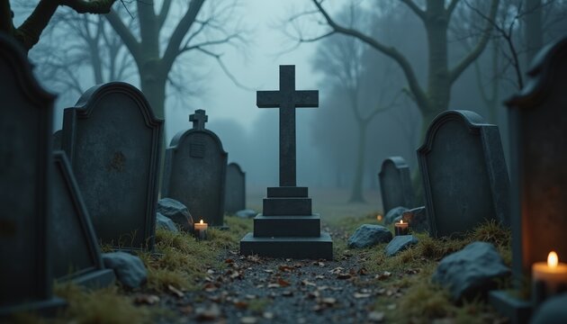 Foggy graveyard with stone cross and weathered tombstones among bare trees and flickering candles, fallen leaves and moss lining shadowed path, foggy graveyard conveying eerie cinematic mood,