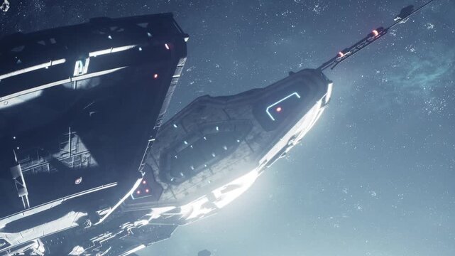 A spaceship is seen moving through space with stars and asteroids around it. The scene shows the ships detailed structure and light reflections.
