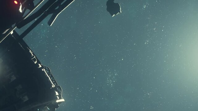 A spacecraft floats in the vastness of space, surrounded by countless stars. The scene captures the darkness filled with small lights. The view is expansive and quiet.