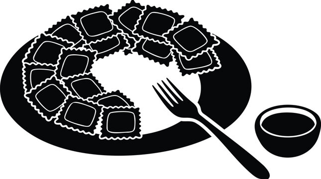 Black and white of a plate of ravioli with fork on white background, italian food