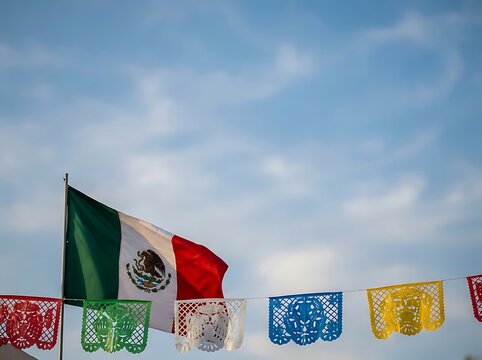 Mexican flag waving with colorful papel picado decorations