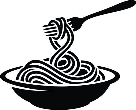 Black and white of fork lifting spaghetti from a bowl pasta dining