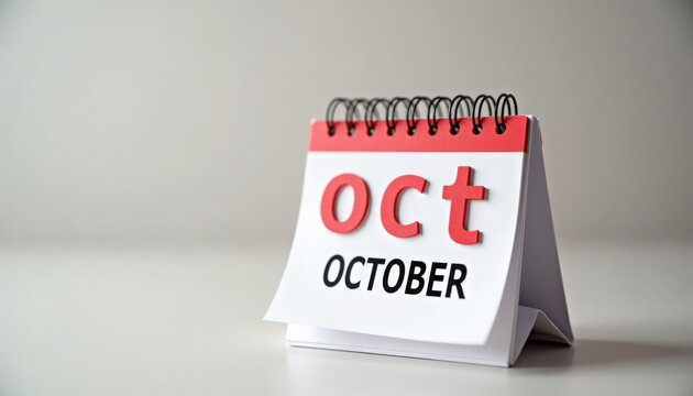 October calendar on compact spiral desk flip calendar showing red Oct abbreviation and full month name, close up with soft bokeh and neutral background, October calendar staged for seasonal planning,