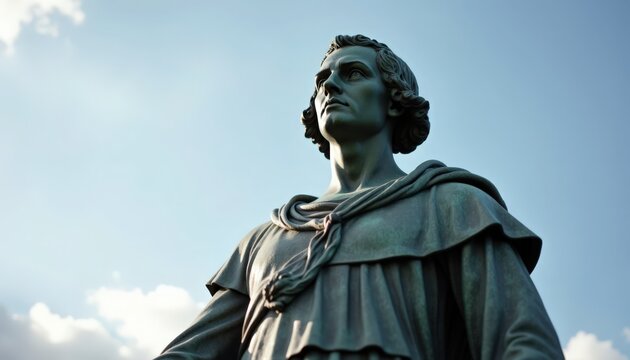bronze statue portrait of robed historical figure on stone pedestal, close-up low-angle composition showing detailed facial features, curled hair and decorative cloak clasp, texture study,