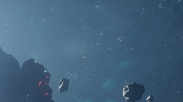 Bright stars fill the night sky as large asteroids float nearby. The scene shows a cosmic backdrop with various shapes and forms among the darkness. The vastness of space is clear.