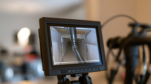 Industrial inspection camera monitor displaying a dark narrow pipe tunnel live video feed in a professional plumbing diagnostic scenario setup
