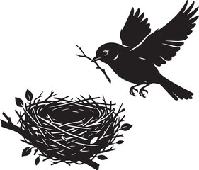 Fototapeta premium Black bird flying with twig towards nest silhouette isolated on white background, Vector, illustration