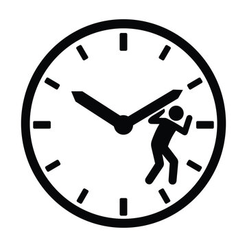Human icon holding back clock hands stopping time on black dial vector graphic concept.