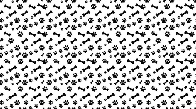 Seamless repeating pattern with black dog paw prints and bone shapes on a white background design