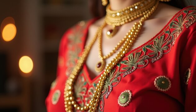 indian bride wearing red embroidered blouse with layered gold necklaces and traditional choker necklace, closeup of ornate pendant, beadwork and zari border,
