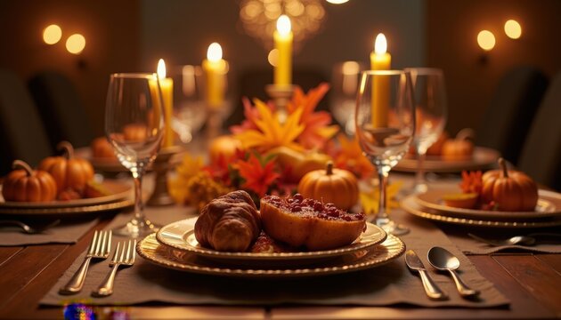 thanksgiving table with roast turkey, decorative pumpkins, lit taper candles, wine glasses, gold chargers, linen napkins, polished cutlery and autumn centerpiece,