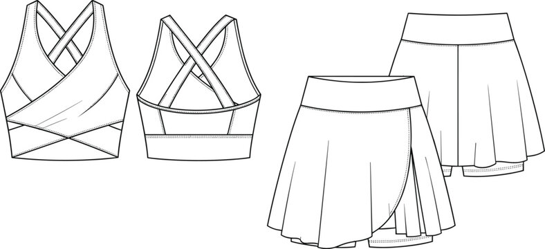 Women's activewear wrap sports bra and skort set technical fashion flat sketch template front back