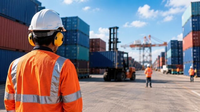 Logistics worker observing forklift cargo handling at a shipping container yard representing freight transportation, supply chain management and occupational safety.