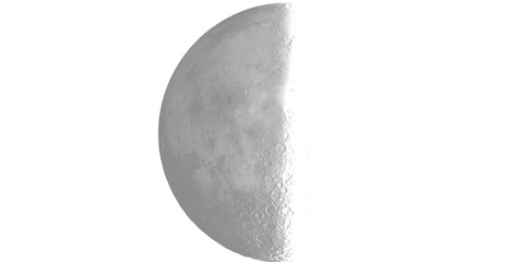 Minimalist grayscale planet half moon, cratered lunar surface texture, isolated celestial sphere for space science background © jawadfi