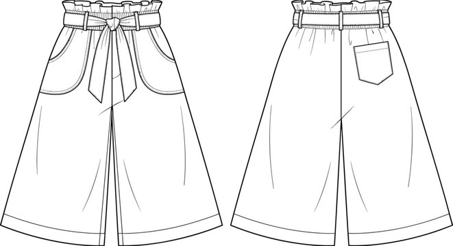 Women's wide leg paperbag waist culottes pants fashion flat sketch template front and back view