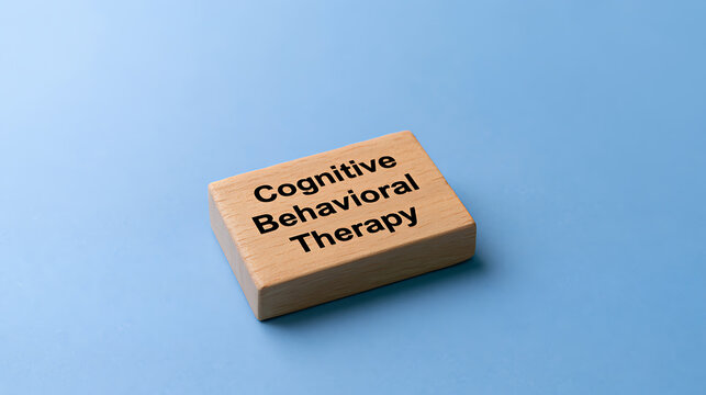 Wooden block with text Cognitive Behavioral Therapy printed on a light blue background for mental health concept and psychological support