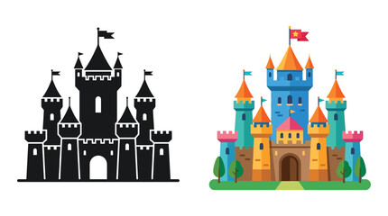 Fototapeta premium Medieval castle illustration with a black silhouette version on white background