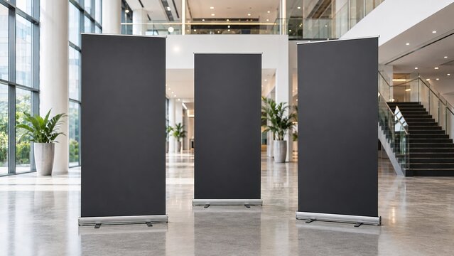Blank retractable banner mockups in a modern business venue representing trade show advertising, exhibition displays, corporate branding, event marketing and promotion.