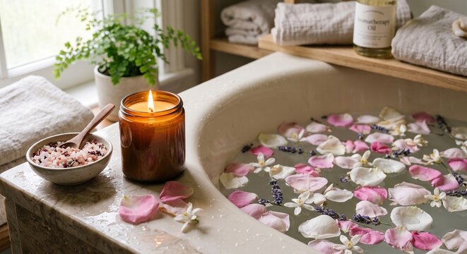 Close up of a relaxing home spa bath with floating flower petals, Himalayan pink salt, and a lit candle.