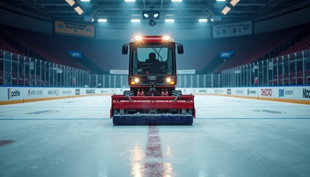 ice resurfacer in arena with operator driving red machine across glossy ice under stadium lights, empty stands and scoreboards, ice resurfacer smoothing surface before event.