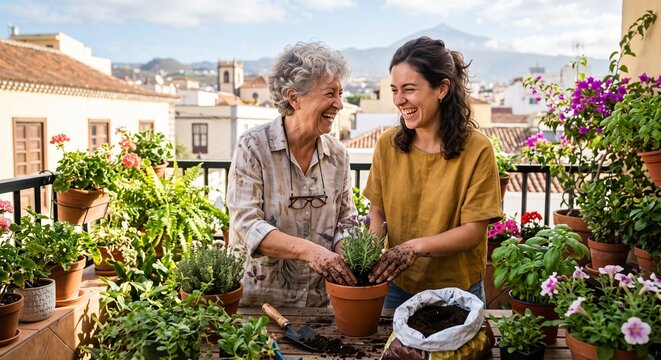 Two women of different generations laughing genuinely while transplanting plants with soil-stained hands on a sunny urban balcony.