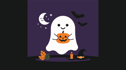 Fototapeta premium Cute Halloween Ghost Holding Pumpkin, Vector Art
