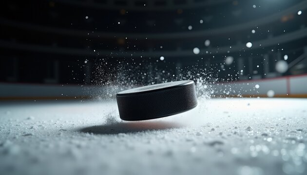 ice hockey puck sliding across frosty rink with explosive ice spray and motion blur, close-up capture showing spinning ice hockey puck, textured frozen surface and arena lights,