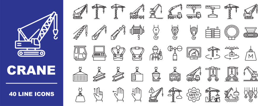 Construction crane line icon set, heavy lifting machinery, tower crane, mobile crawler hoist, rigger operator, safety signs, cargo lifting hook, building equipment vector linear pictograms