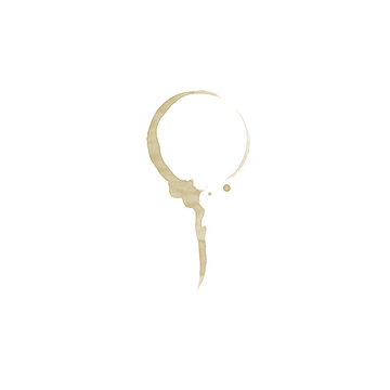 Circular coffee stain with long drip trail isolated on white background, espresso liquid mark brush design