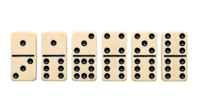A row of six classic vintage domino tiles with various dot combinations isolated on white background transparent background