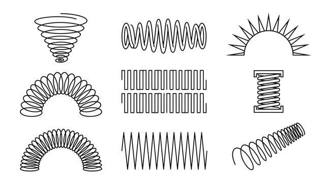 Collection of various metal spring shapes and mechanical coils for engineering technical and industrial design projects