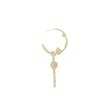 Circular coffee stain with long drip trail isolated on white background, espresso liquid mark brush design