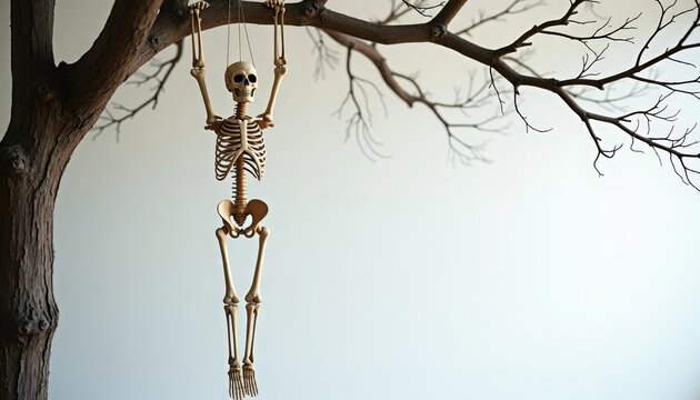 Hanging skeleton on barren tree branch, realistic human skeleton suspended by rope from leafless winter tree, stark studio lighting and empty negative space,