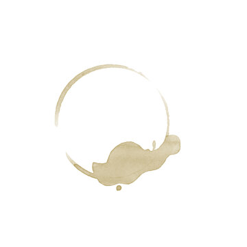 Circular coffee ring stain with puddle drip isolated on white background, espresso liquid mark brush design