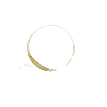 Faded broken coffee cup ring stain isolated on white background, light crescent espresso mark brush texture

