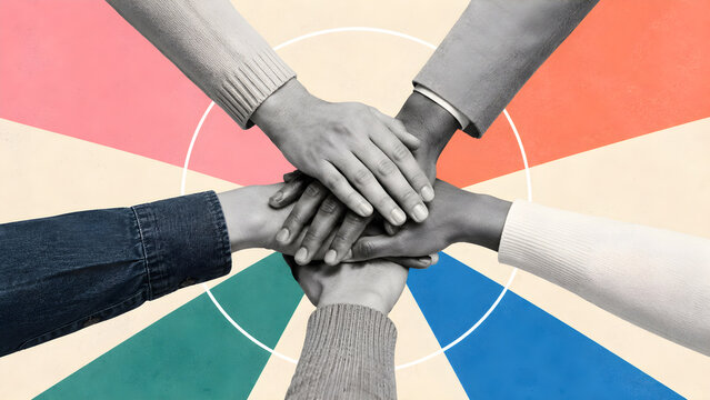 Diverse group joining hands over a colorful background, representing unity, teamwork, inclusion, cooperation, solidarity and collective strength