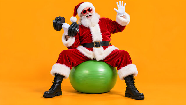 Santa Claus exercising with dumbbells on a fitness ball, combining Christmas humor, holiday fitness, strength training, health and active living