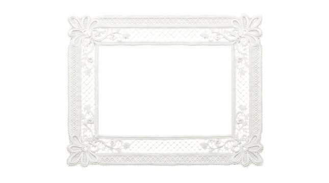 Decorative white lace photo frame border with intricate floral patterns isolated on transparent background transparent background