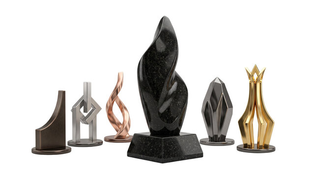 Modern trophy collection with abstract metal and stone awards. Elegant corporate recognition prizes in gold, silver, and black marble.